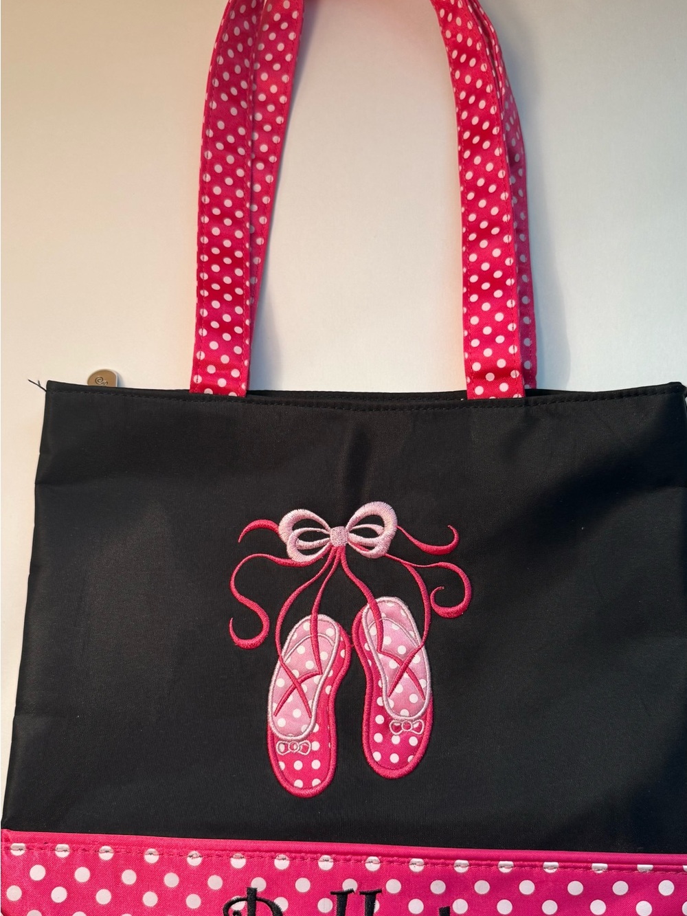 Black Tote Bag with Pink Polka Dot Straps and Ballet Slipper Embroidery